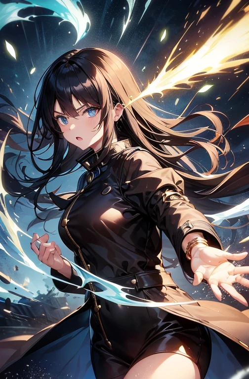 One woman with long hair, Black Hair, Blue Eyes attacks with water in a dynamic pose. A look of determination, Gold bracelet, Black Magician's Long Coat. Fantasy, Magical Glitter, Bright colors, masterpiece, Best lighting, highest quality, 袟