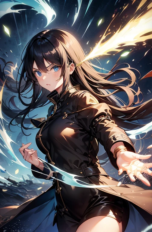 One woman with long hair, Black Hair, Blue Eyes attacks with water in a dynamic pose. A look of determination, Gold bracelet, Black Magician's Long Coat. Fantasy, Magical Glitter, Bright colors, masterpiece, Best lighting, highest quality, 袟