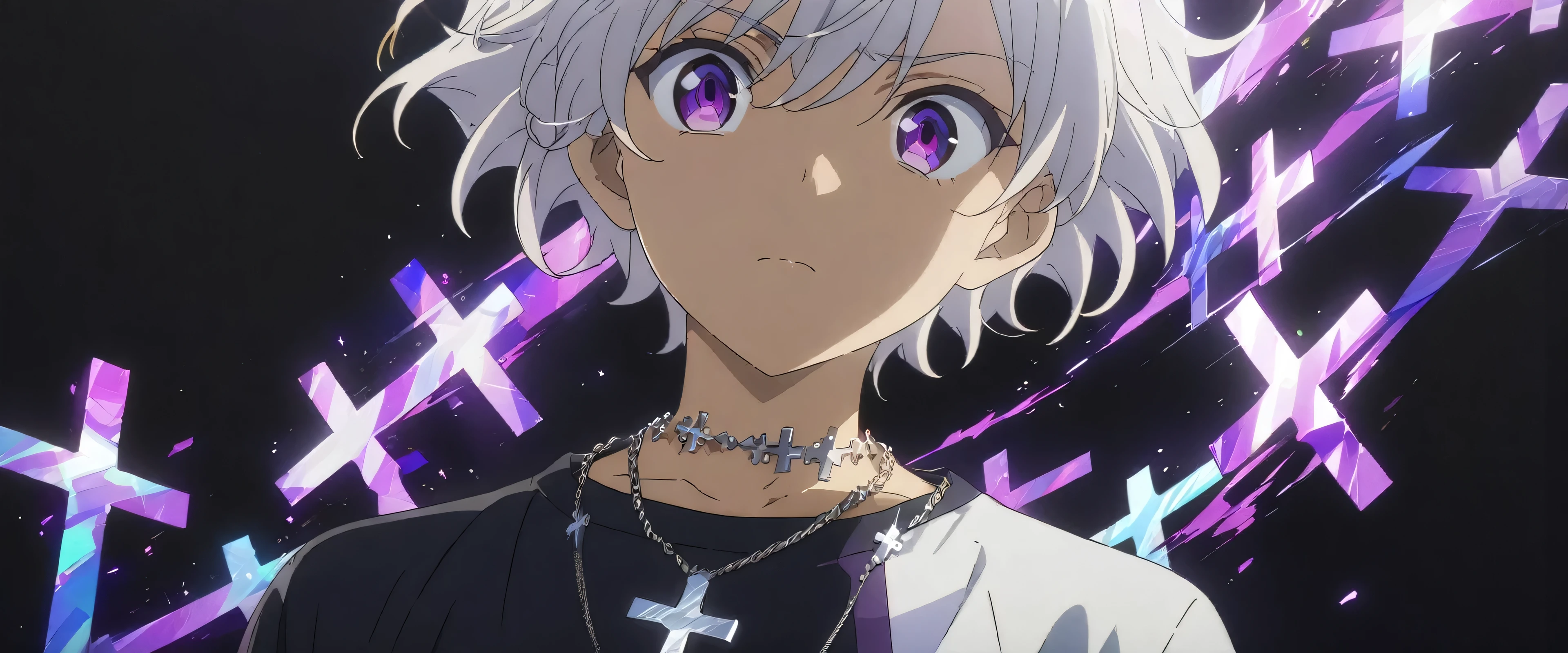 [(BLACK BACKGROUND:1.5)], ((((masterpiece)))), high quality, very_high_resolution, large_filesize, full color, solo, (((younger boy))), ((beautiful white short hair)), (purple color eyes), civilian clothes white, Necklace of crosses, (White effect:1), anime,