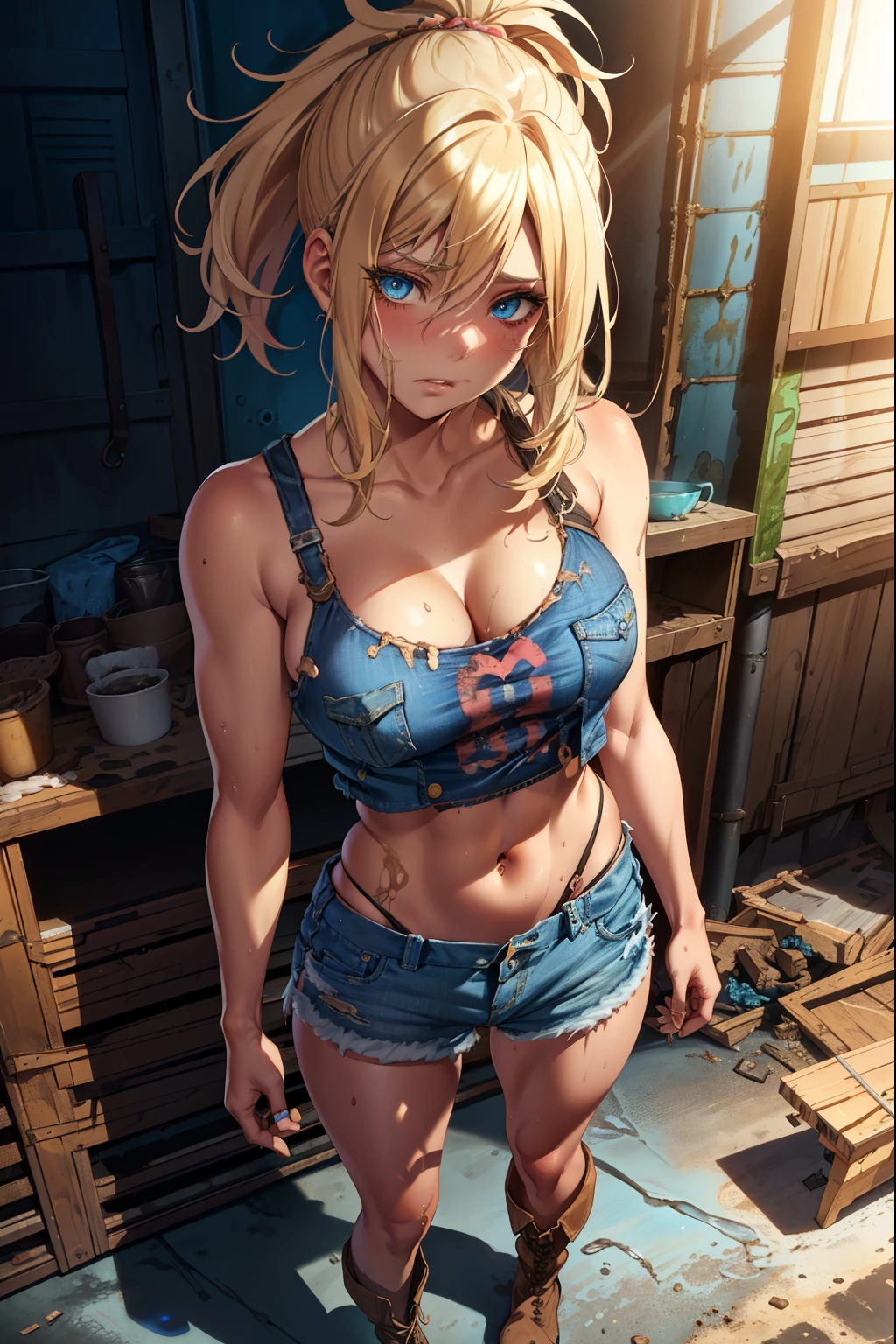 blue eyes, blonde hair, Makeup (Messy), (extremely detailed CG unity 4k wallpaper),(masterpiece),(best quality),(ultra-detailed),(best illustration),(best shadow),(absurdres),(detailed background), Trailer park trash, Short blonde hair (very Messy), Croptop tank top (filthy), denim short skirt (filthy), Cowgirl boots, Sad expression, Dirty girl, standing, poor,