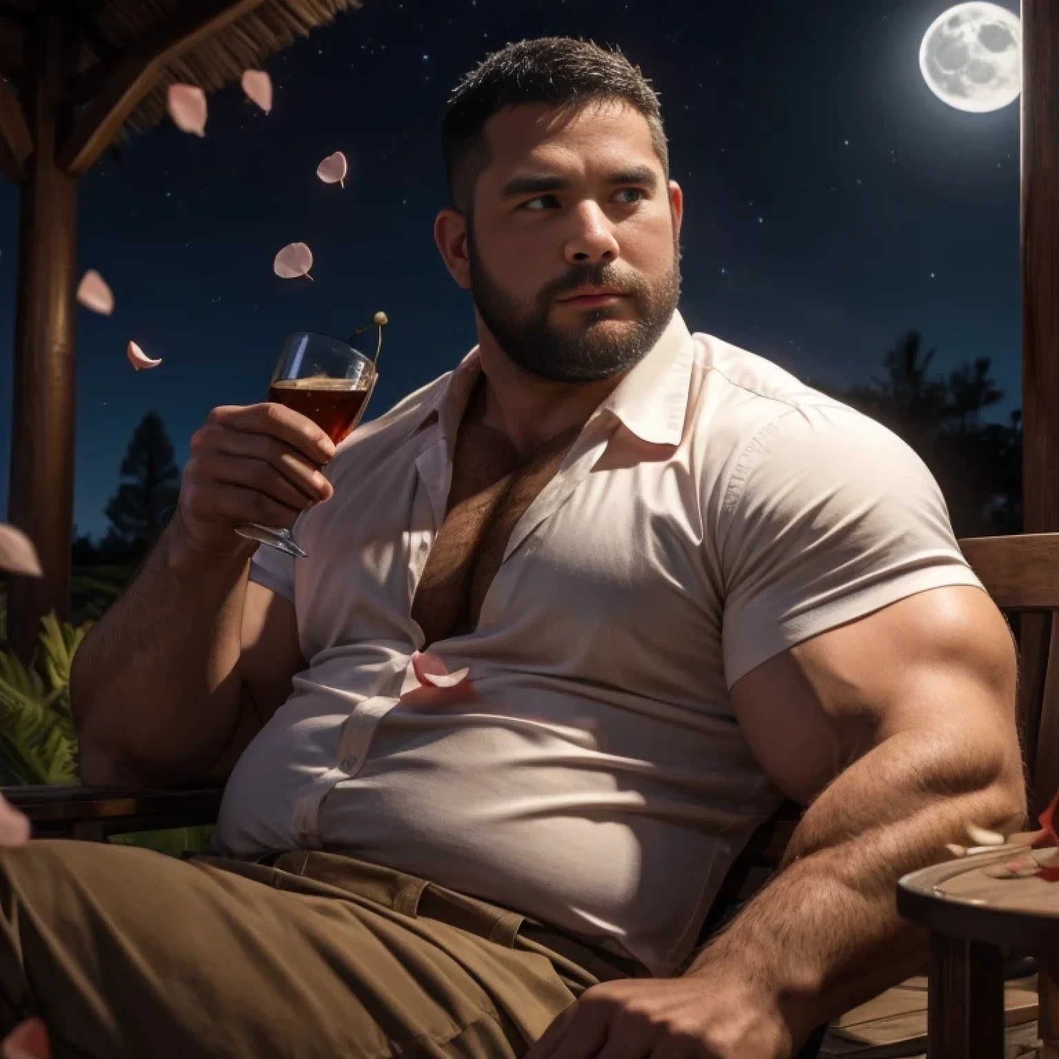 a wild plump daddy relaxing in a outdoor chair, handsome man, 1man, solo,  holding a glass of rum, big face, round face shape, detailed eyes, bulky, short beard, crew cut hair, nerdy, sad expression, (many cherry petals flutter), moonlight , glowing stars,  detailed background, depth of field, (looking away:1.3), from side , 
highest quality ,best quality, 8k, masterpiece, 