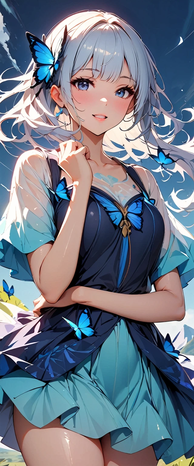 (highest quality:1.2, Very detailed, up to date, Vibrant, digital coloring, High Contrast, masterpiece:1.2, highest quality, Best aesthetics, Wind Spirit), 1 female, Silver Hair, Side Ponytail、(((Blue butterfly hair ornament, Blue Butterfly Dress:1.2))), (Many butterflies and flowers are flying:1.2, Fantasy Landscape:1.4), Bright lighting, Beautiful world, New World, Blown by the gentle wind, (hot視線, hot, Louis々Beautiful Lips, Shiny, Open your mouth, Sigh leaks out), Accurate, Textured skin, Cowboy Shot, Captivating smile, The beauty and danger of growing from a girl to an adult, A symbol of miraculous beauty.