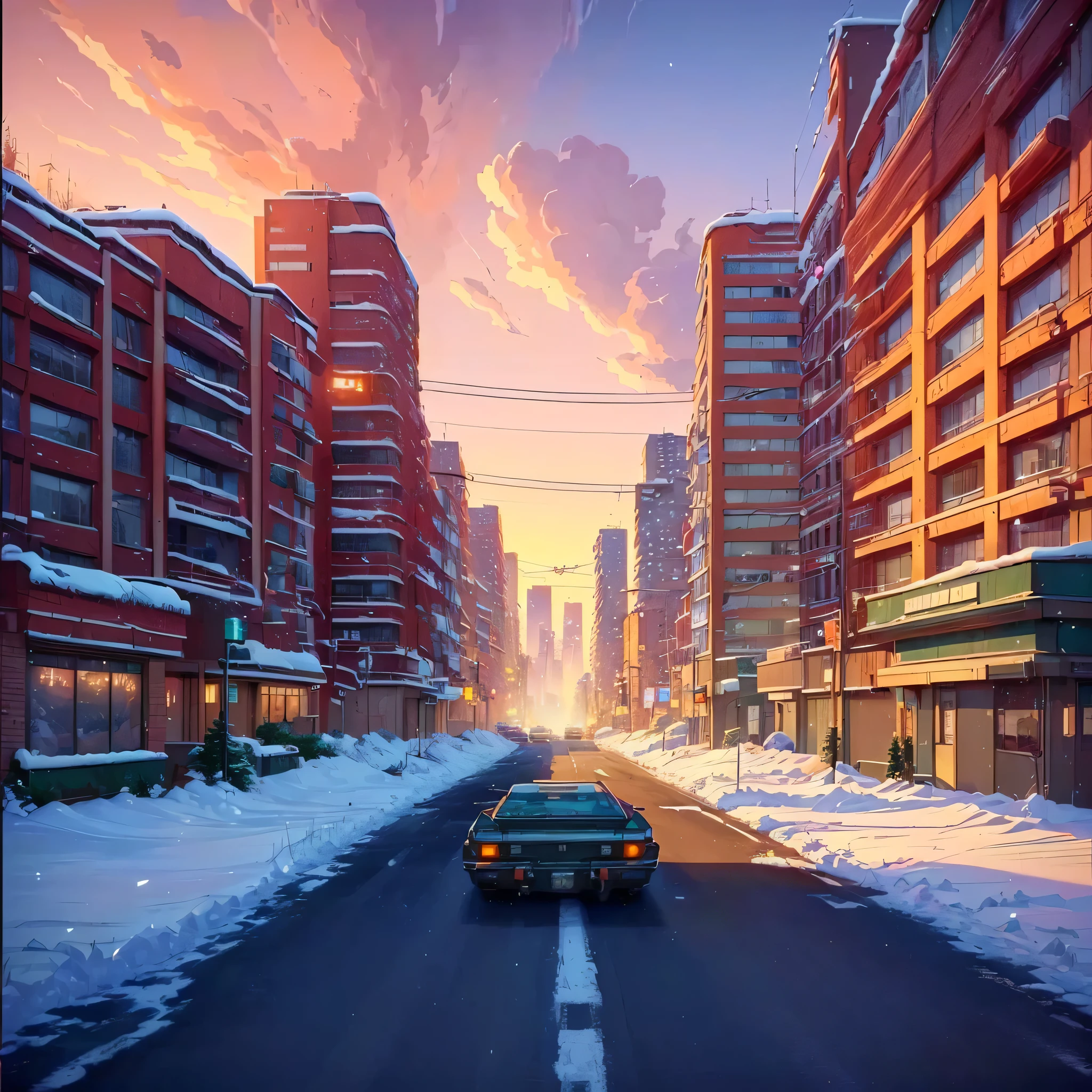 a picture taken from a car driving down a snowy street, anime style cityscape, inspired by Liam Wong, hd anime cityscape, (akira 1988) highly detailed 8k, lofi artstyle, art deco outrun anime aesthestic, in style of makoto shinkai, inspired by sylvain sarrailh, anime style. 8k, anime background art