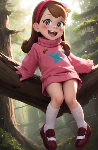 (medium:1.1), vibrate colors, Mabel Pines, day, masterpiece, best quality, Mabel, 1girl, centered, ***, flat chest, beautiful detailed eyes, beautiful detailed lips, whimsical, detailed landscape, Gravity Falls mystical signs, depth of field, light particles, light rays, sidelighting, thighs, fate \(series\), solo, long hair, red sweater, long sleeves, brown hair, black eyes, pink hairband, star \(symbol\), purple skirt, smile, open mouth, sweet, shoes, blush stickers, round teeth, buck teeth, tree, blue sky, wide hips, outdoors, Gravity Falls style, stars, glitter, 