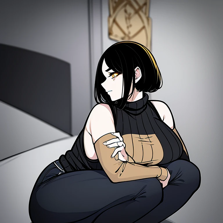 Woman with black hair that fades to blonde on the bottom tips, glowing golden eyes, bloody cuts and bruises along body, wearing black golden lined sleeveless sweater aswell as black jeans with golden lining