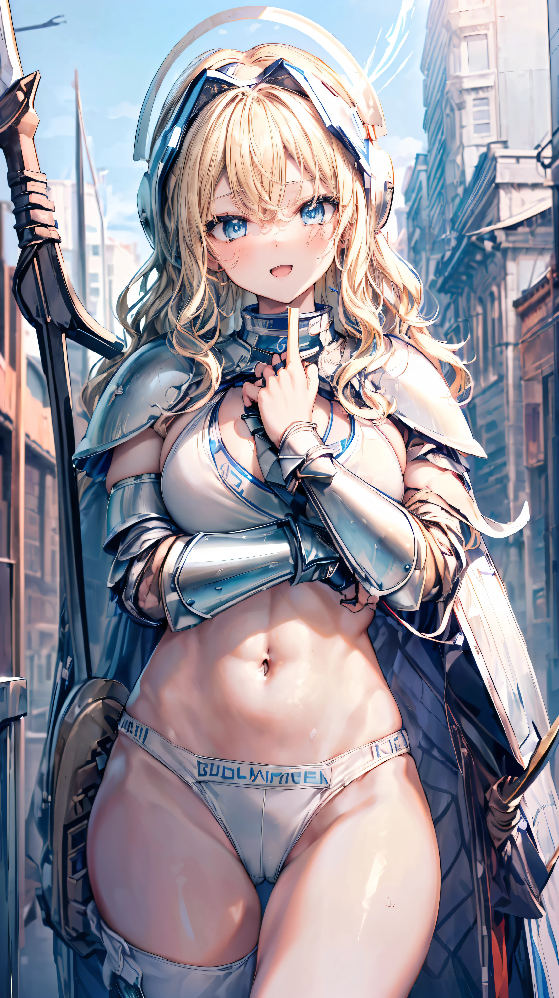 Very detailed、highest quality、(Best image quality:1.5)、(masterpiece:1.5)、8k、Anime Face、A kind smile、Open Mouth、(Beautiful bright blue eyes:1.5)、(Blonde wavy hair:1.5)、Muscles of the whole body、Thigh belt、(Wearing off-white bikini armor:1.5)、(Cowboy Shot:1.6)、(Wearing a helmet:1.5)、(Holding a spear:1.5)、Warm lighting