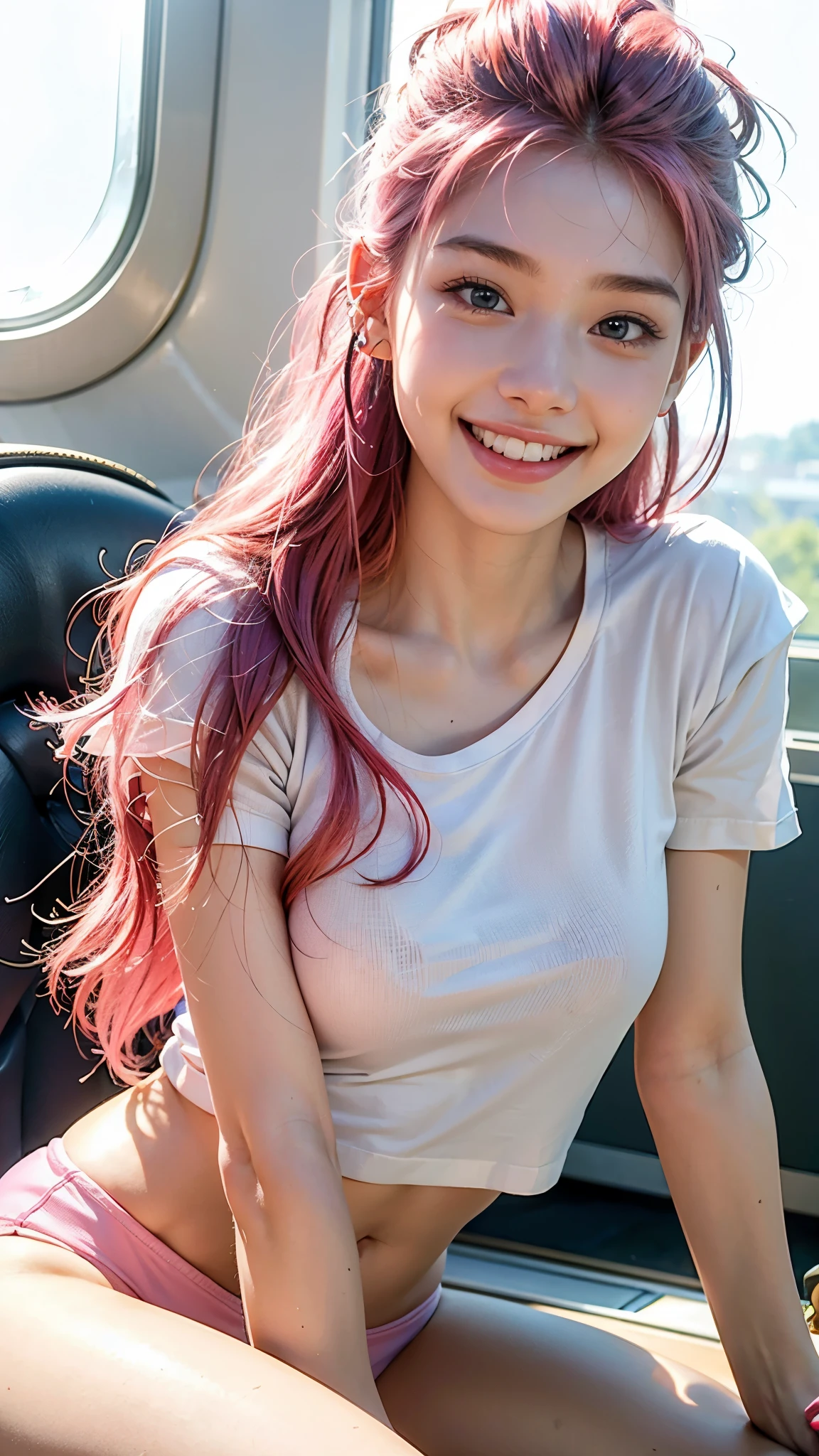 highest quality, masterpiece, Ultra-high resolution, (Realistic:1.4), (Close-up portrait) RAW Photos, 1 girl,20-year-old,White T-shirt,No bra,((Smiling with teeth showing)),((Big smile)),((Squint your eyes and laugh)),((Inside the Shinkansen)),((Wireless Earphones)),((Nose Piercing)),,((Passionate pink haired girl'Makeup)),((High Fashion)),Messy Hair,((Cap Chestnut)),((Short bangs)),Realistic,Image Media Chest)),