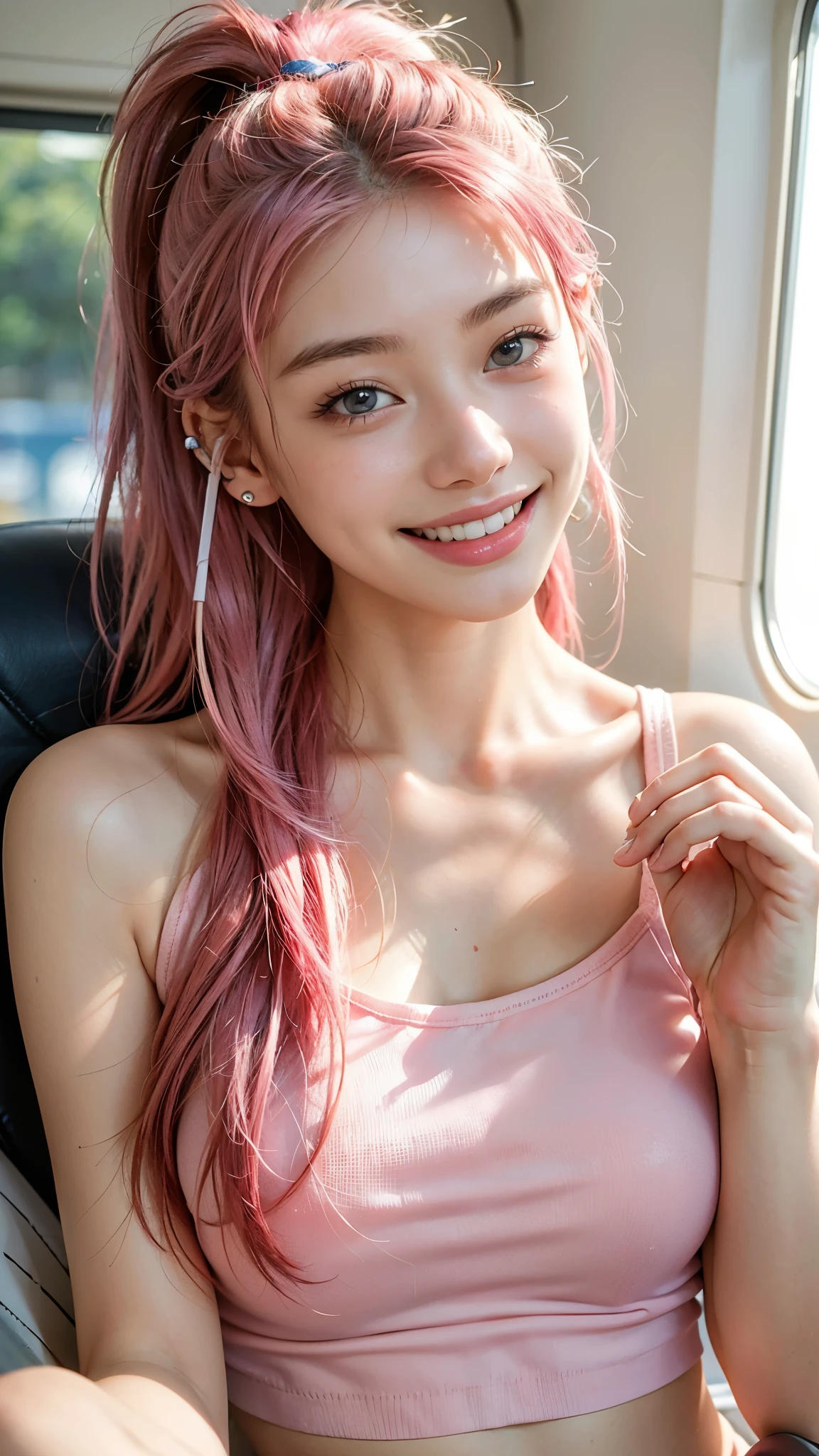 highest quality, masterpiece, Ultra-high resolution, (Realistic:1.4), (Close-up portrait) RAW Photos, 1 girl,20-year-old,White T-shirt,No bra,((Smiling with teeth showing)),((Big smile)),((Squint your eyes and laugh)),((Inside the Shinkansen)),((Wireless Earphones)),((Nose Piercing)),,((Passionate pink haired girl'Makeup)),((High Fashion)),Messy Hair,((Cap Chestnut)),((Short bangs)),Realistic,Image Media Chest)),