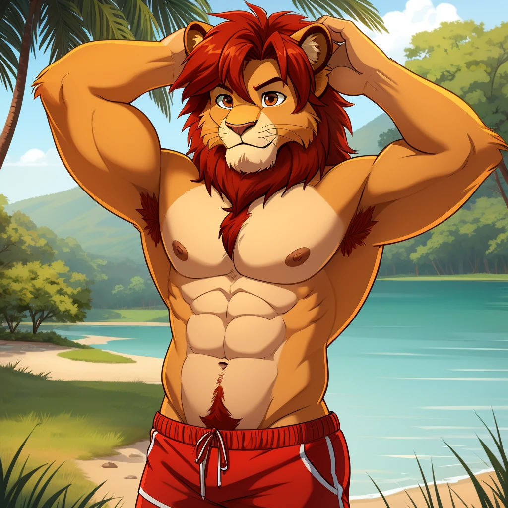 simba, a furry lion, furry, shirtless, muscular, male, masculine, red hair, yellowish fur, brown eyes, hands up behind head, red hairy armpits, cartoony, illustration, sharp focus, soft colours, medium length hair, two blogs haircut, younger guy, red swimming trunks, topless, single, alone, single, pastel colours, lake
