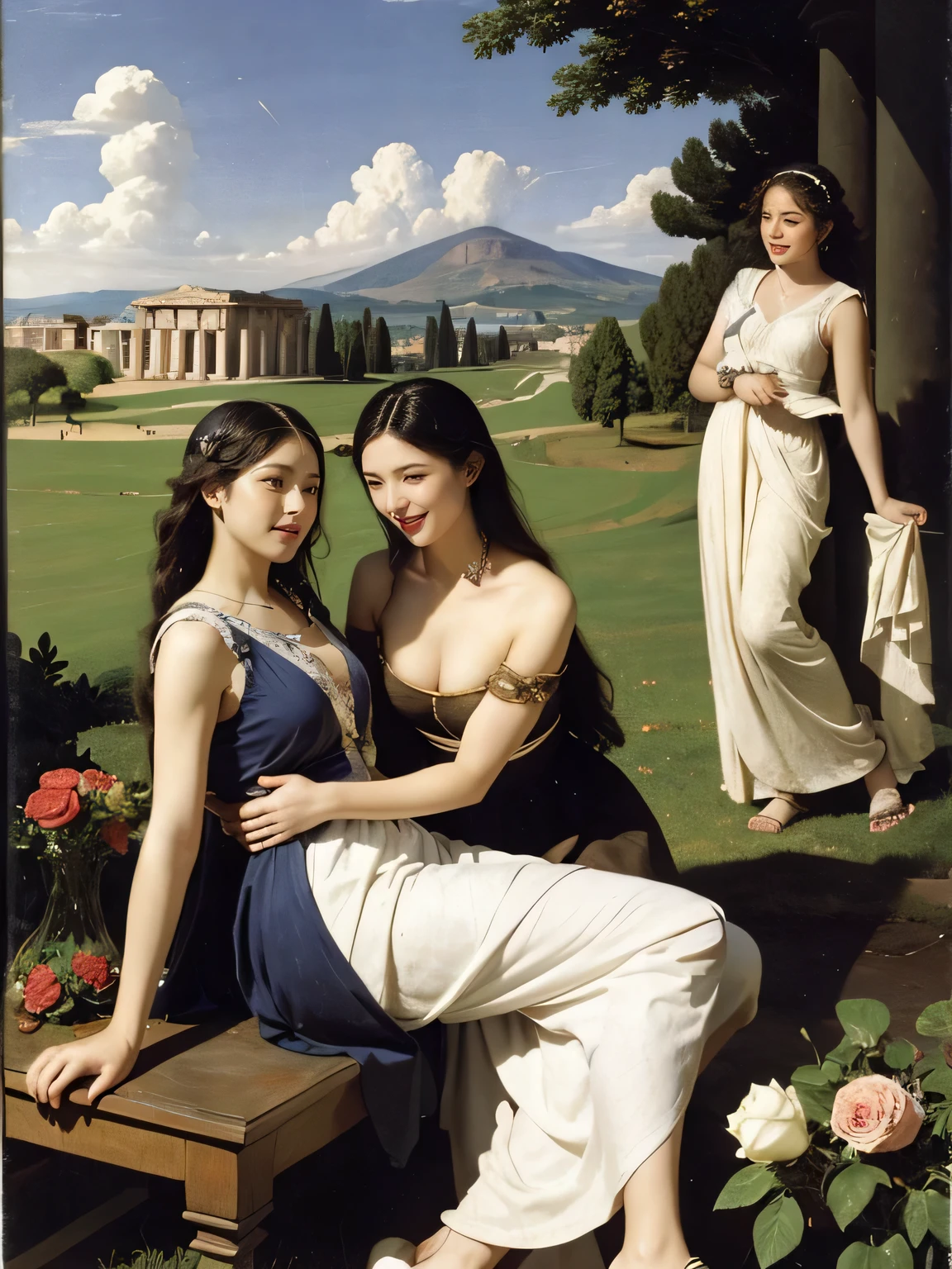 full body portrait or statue、Giorgione painting style,Arguments of two female Philosophe,math、astronomical machine、astronaut、roses in vase、fruits、Cute trinkets、smile、ancient greek costume、Ancient Roman landscape in the style of Nicolas Poussin,laughter,,Sweet and seductive appearance.、Caravaggio's paintings、Chiaroscuro of Caravaggio、hair tousled by the wind,Two women frolicking,cute smile, expression of ecstasy,Sexy,erotic,