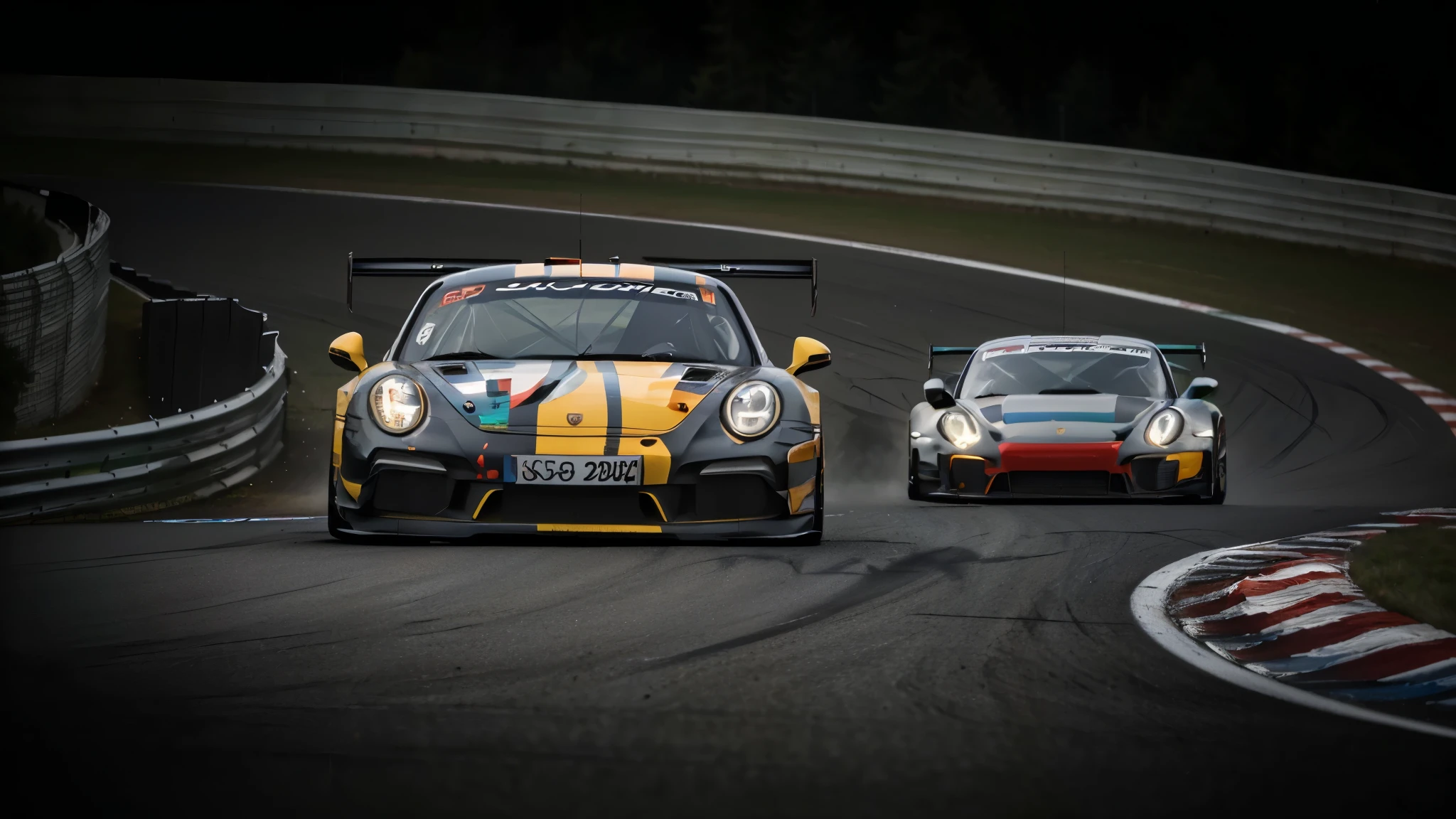 there are two cars that are racing on a race track, motor sport photography, motorsports photography, a red bearded guy driving a gt3s, porsche rsr, at circuit de spa francorchamps, race, still photography, album photo, frontshot, edited, sascha schneider, composite, cover shot, malika favre, header text”, slightly blurred