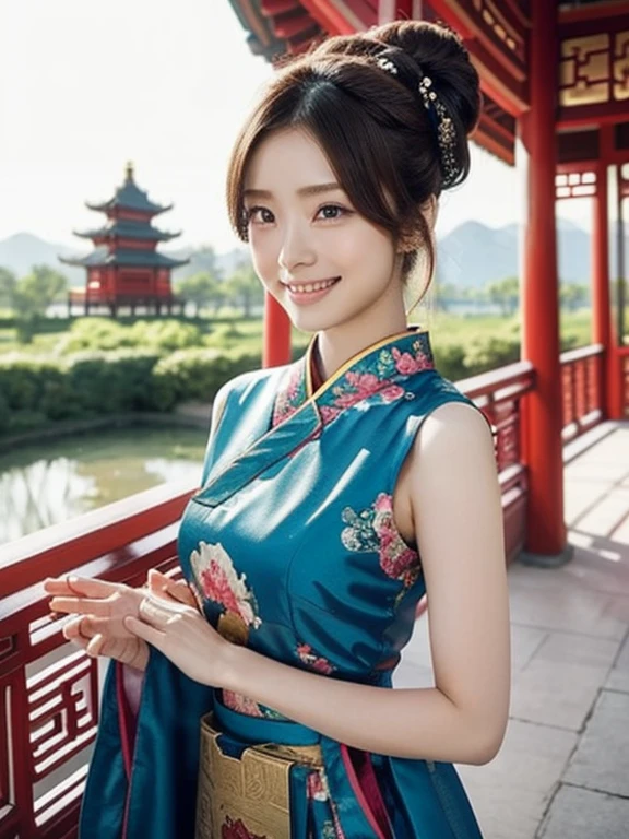 With the magnificent atmosphere of the palace as a backdrop、Generate an image of a young female fashion model wearing a traditional Chinese dress。Her hairstyle is Chinese buns.、She has a beautiful hair ornament on her head。Her clothes are cool、Wearing a Sleeveless dress。The dress flutters in the wind、It shows her graceful movements.。She is smiling at the camera、It has a bright and attractive look。The camera angle is upper body、Make sure you get a good look at her beautiful features and the details of her dress。The palace in the background、It is comprised of traditional Chinese architecture and beautiful gardens.、It enhances the atmosphere。The generated image is、Celebrating Chinese culture and fashion、Suitable for expressing elegance and beauty。