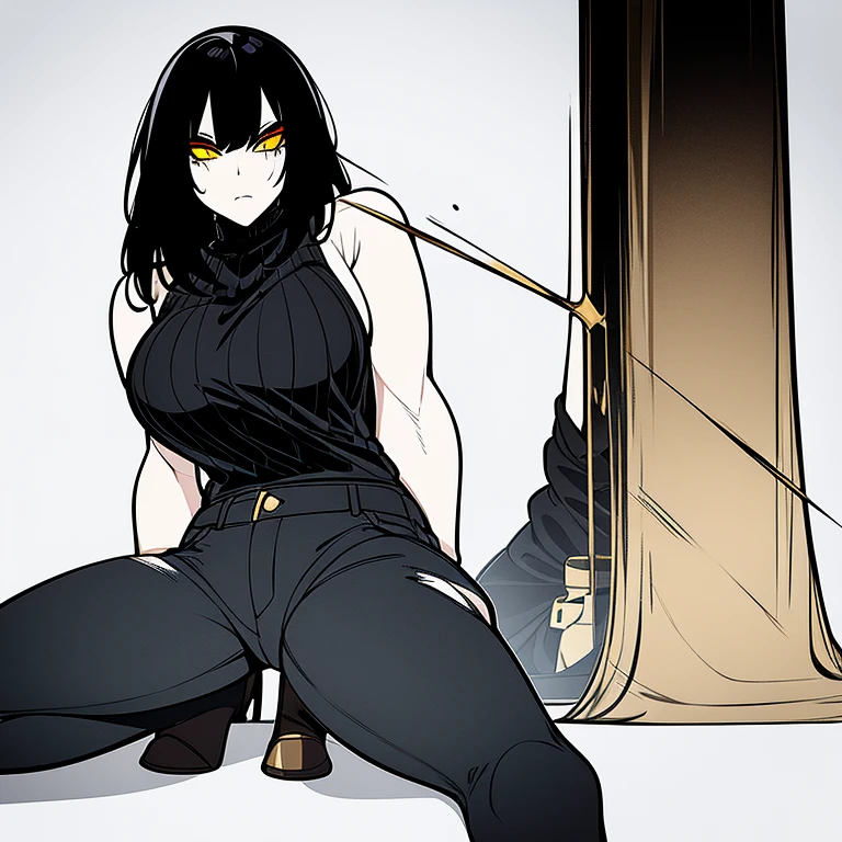 Woman with black hair that fades to blonde on the bottom tips, glowing golden eyes, bloody cuts and bruises along body, wearing black golden lined sleeveless sweater aswell as black jeans with golden lining