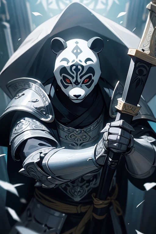 Panda Knight, fine armor, Intricate Design, Silver, silk, Cinema Lighting, 8k.sharp、