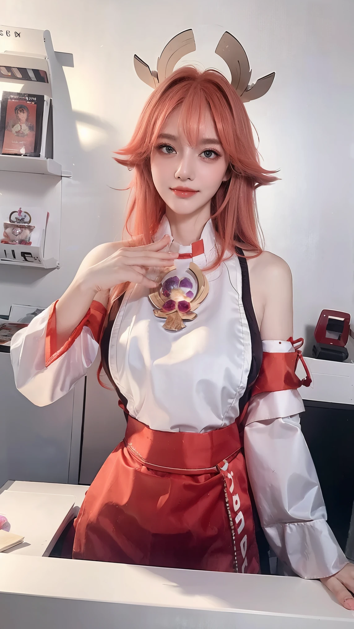 ((best quality)), ((masterpiece)), (detailed), perfect face, pretty face, beautiful female, beautiful body, e cup breast, cashier, minimarket cashier, cashier uniform, blouse, apron, mini skirt, perfect body, Stand behind the cashier's desk, head accessories, ears accessories, yae miko