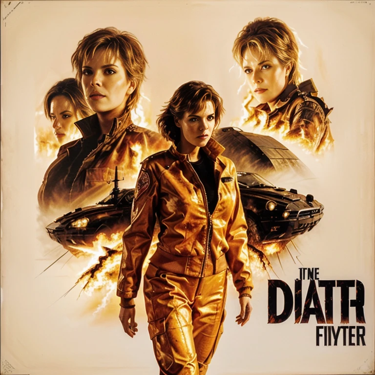 DEATH FIGHTER - original motion picture soundtrack, suspense horror movies, A full-body pose of a beautiful woman in a sexy outfit standing in the center, In the background, a city explodes and bursts into flames.、soundtrack jacket、Digitally Remastered, Kinematics」, John Maggs, Roy Dargano, Movie Posters, Album cover, 1 9 7 0 sMovie Posters, Oil painting