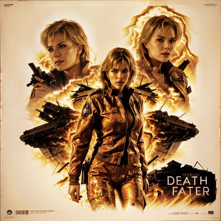 DEATH FIGHTER - original motion picture soundtrack, suspense horror movies, A full-body pose of a beautiful woman in a sexy outfit standing in the center, In the background, a city explodes and bursts into flames.、soundtrack jacket、Digitally Remastered, Kinematics」, John Maggs, Roy Dargano, Movie Posters, Album cover, 1 9 7 0 sMovie Posters, Oil painting
