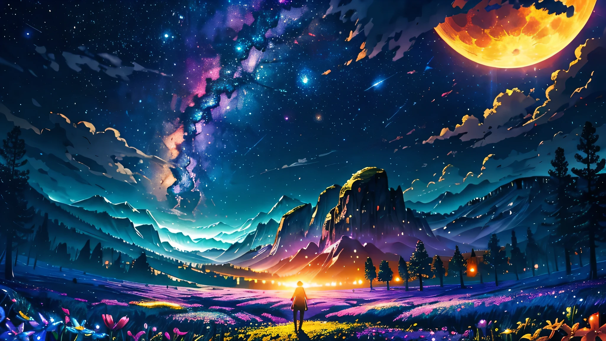 Vast landscape photography , (A view from below, with the sky above and the wide fields below), A girl standing in a flower field looking up, (full moon:1.2), ( shooting star:0.9), (nebula:1.3), Distant Mountain, Treebreak Production Art, (Warm light source:1.2), (fire Fly:1.2), lamp, Lots of purple and orange, Intricate details, Volumetric Lighting Break
(masterpiece:1.2), (highest quality), 4K, Very detailed, (Dynamic configuration:1.4), Very detailed, Colorful details,( Rainbow-colored:1.2), (Shining Lights, Atmospheric lighting), dream-like, Magic, (alone:1.2)
