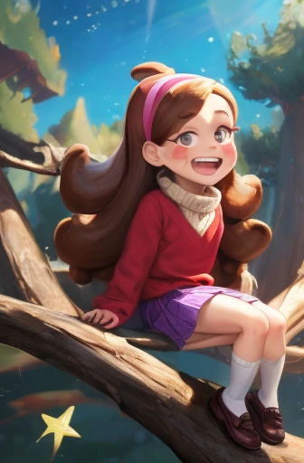 (medium:1.1), vibrate colors, Mabel Pines, day, masterpiece, best quality, Mabel, 1girl, centered, ***, flat chest, beautiful detailed eyes, beautiful detailed lips, whimsical, detailed landscape, Gravity Falls mystical signs, depth of field, light particles, light rays, sidelighting, thighs, fate \(series\), solo, long hair, red sweater, long sleeves, brown hair, black eyes, pink hairband, star \(symbol\), purple skirt, smile, open mouth, sweet, shoes, blush stickers, round teeth, buck teeth, tree, blue sky, wide hips, outdoors, Gravity Falls style, stars, glitter, 