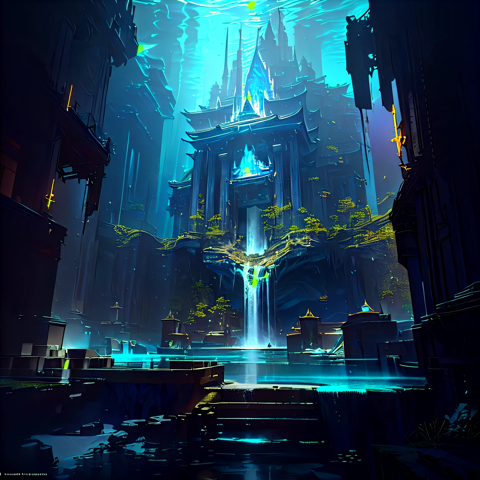There is a large building in the middle of the underwater cave., Unreal Engine 5 Digital Art, Unreal Engine rendered concept art, Unreal Engine 5 Rendering Dramatic Effects, Unreal Engine 5 Rendering Details, The art of Unreal Engine 5, mysterious temple setting, james gurney film lighting, Unreal Engine 5 is highly rendered, 8k high detail concept art, Unreal Engine 5 Environment