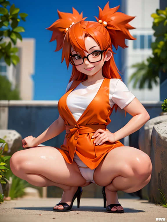 1 girl, 8k quality, orange hair, beautiful woman, heels, shy, smiling, small breasts, squatting, wet, glasses, spread legs, chubby