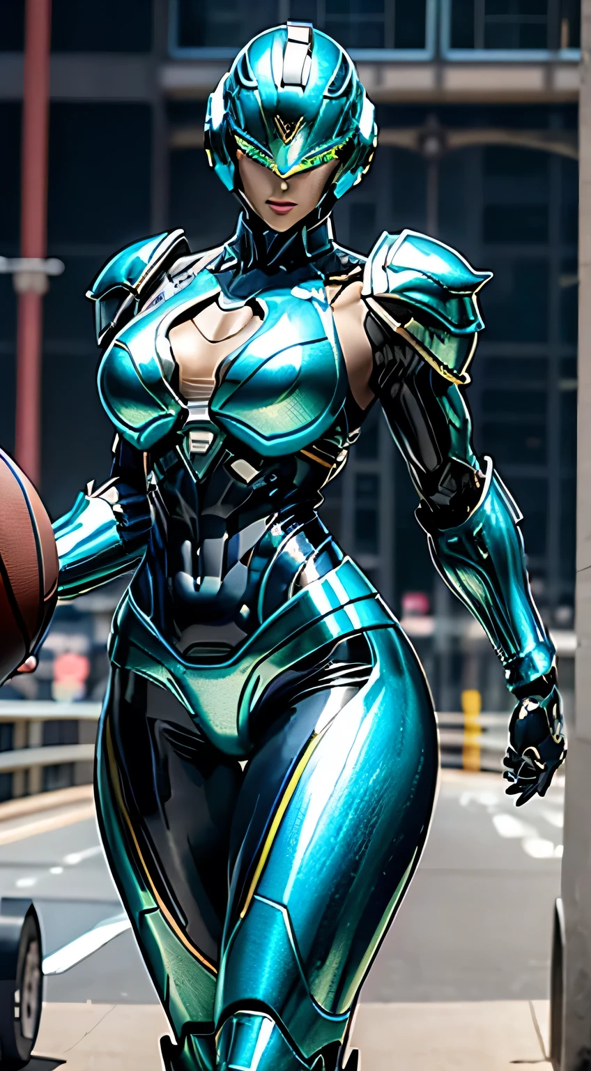Female Robocop Solo、Bright outdoors、strong light source、8K, high quality, masterpiece, 最high quality、Very detailed、Armor that completely covers the whole body、Very large armor、Helmet covering the head、Clear photos、The eyes are hidden by thin, straight goggles:1.3、The lower half of the face is flesh:1.5、Face with exposed skin below the nose:5.0、Luscious lips、Fluorescent blue-green metallic armor with thin white lines、Armor that completely covers the chest、Long, slender legs、Vivid poseable body view,Big and ample breasts:1.5, (Sports Body:1.5)、Five Fingers、Photos in the city