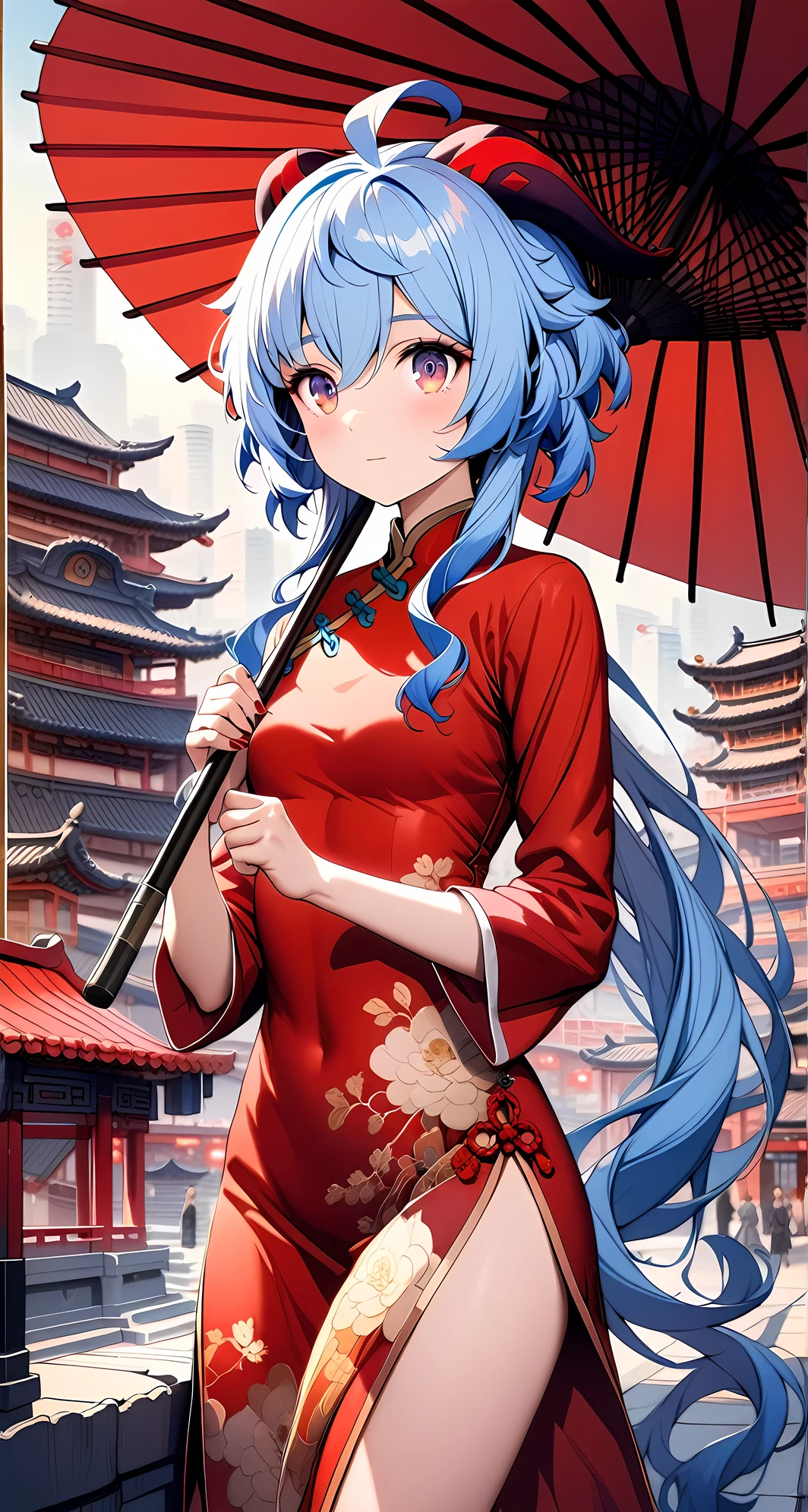 ganyu, 1 girl, solo,elegant, (wear red qipao:1.3),holding in hand Oil-paper umbrella, indoor chinese city, highly detailed eyes, highly detailed face, highly detailed background,
