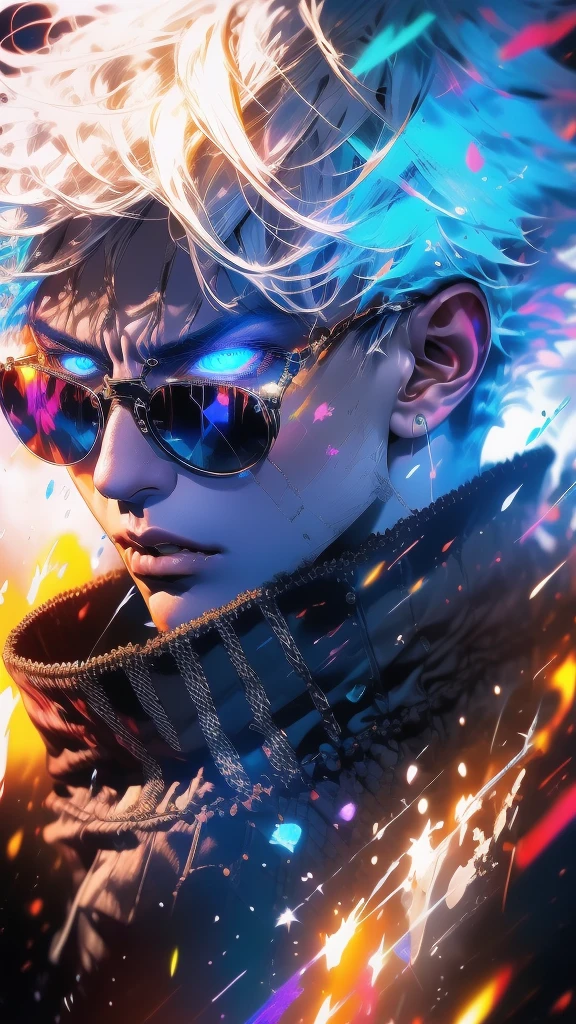 A hyper detailed portrait of 'GOJO' from 'JUJUTSU KAISEN' anime, white hair, blue eyes, wearing sunglasses in style,,, aggression Face, fire particle effects, bluish theme, illustration, trending in digital arts, (("dope radiant abstract background)),, HDR COLOUR GRADINGS,, 8k