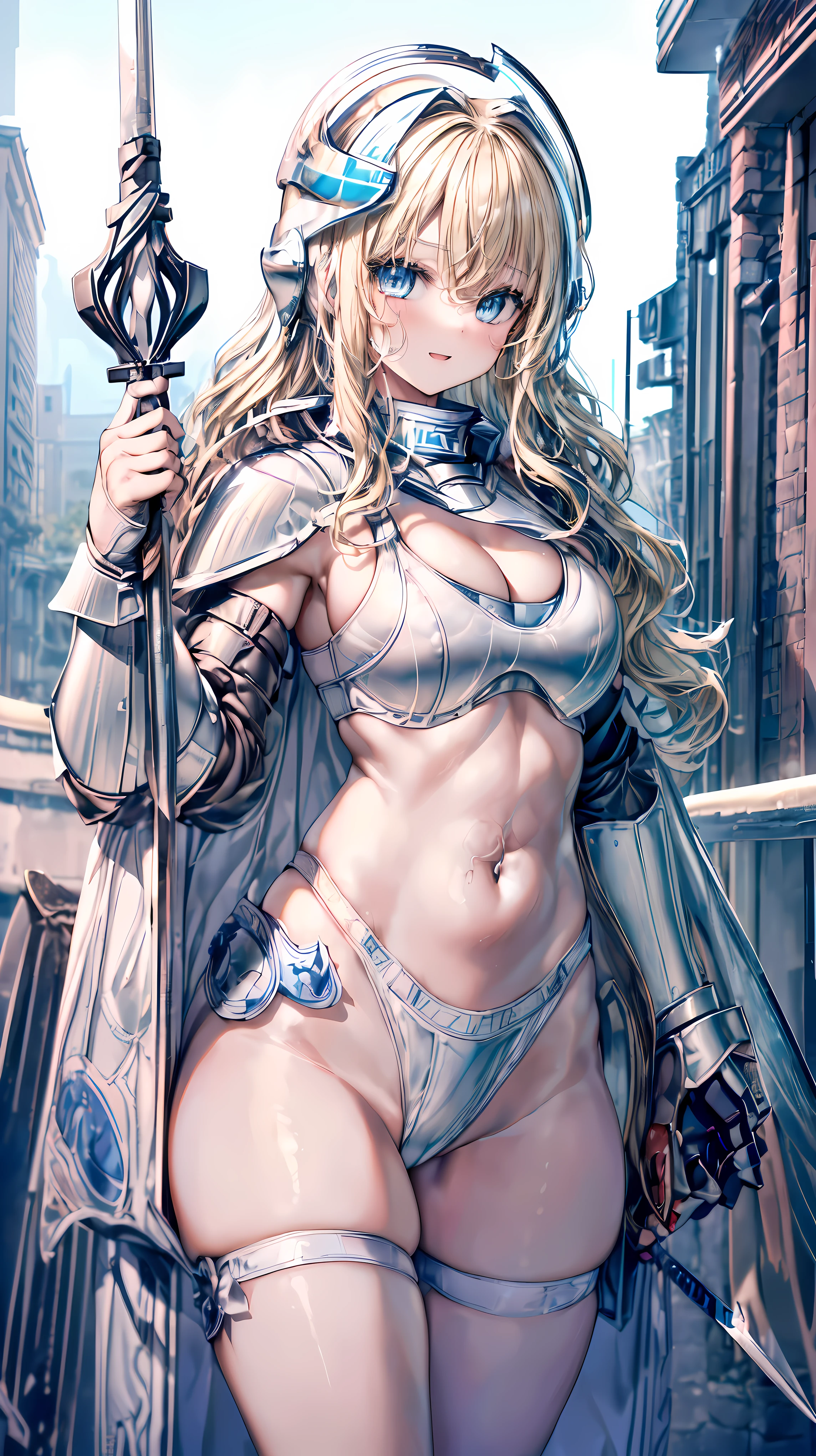 Very detailed、highest quality、(Best image quality:1.5)、(masterpiece:1.5)、8k、Anime Face、A kind smile、Open Mouth、(Beautiful bright blue eyes:1.5)、(Blonde wavy hair:1.5)、Muscles of the whole body、Thigh belt、(Wearing off-white bikini armor:1.5)、(Cowboy Shot:1.6)、(Wearing a helmet:1.5)、(Holding a spear:1.5)、Warm lighting