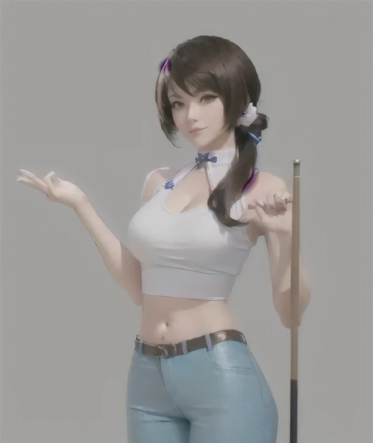 There was a woman holding a pool cue,Wearing a white vest, April Rendering, Smooth anime CG art, Casual posture, Produced in collaboration with Anime Painter Studio, realistic character concept, Realistic anime 3D style, In the anime painter studio, unrealistic character concept, g liulian art style, Realistic art style, , Female characters