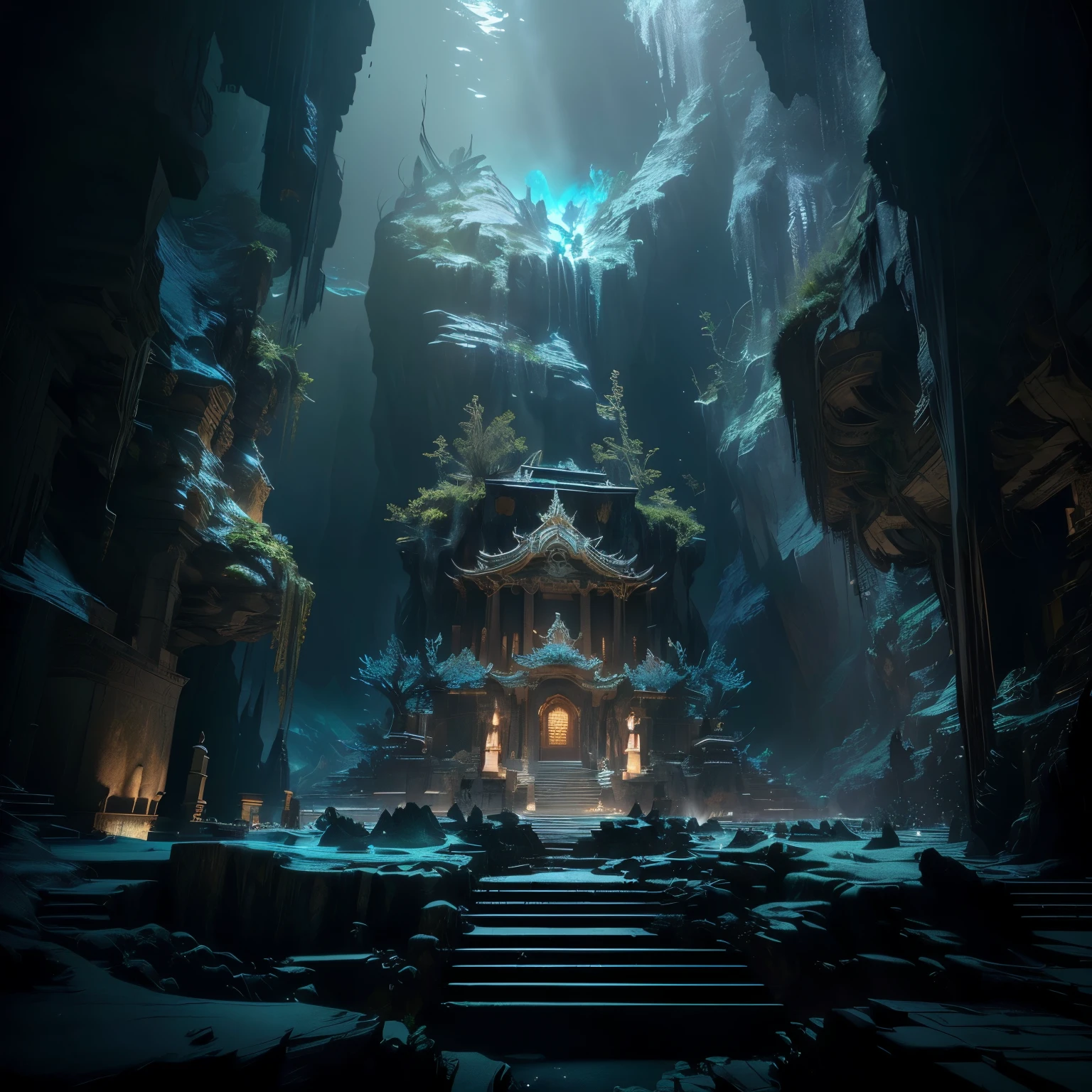 There is a large building in the middle of the underwater cave., Unreal Engine 5 Digital Art, Unreal Engine rendered concept art, Unreal Engine 5 Rendering Dramatic Effects, Unreal Engine 5 Rendering Details, The art of Unreal Engine 5, mysterious temple setting, james gurney film lighting, Unreal Engine 5 is highly rendered, 8k high detail concept art, Unreal Engine 5 Environment