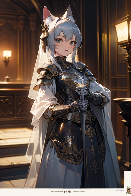 Cat Knight, fine armor, Intricate Design, Silver, silk, Cinema Lighting, 8k.sharp、View your viewers、