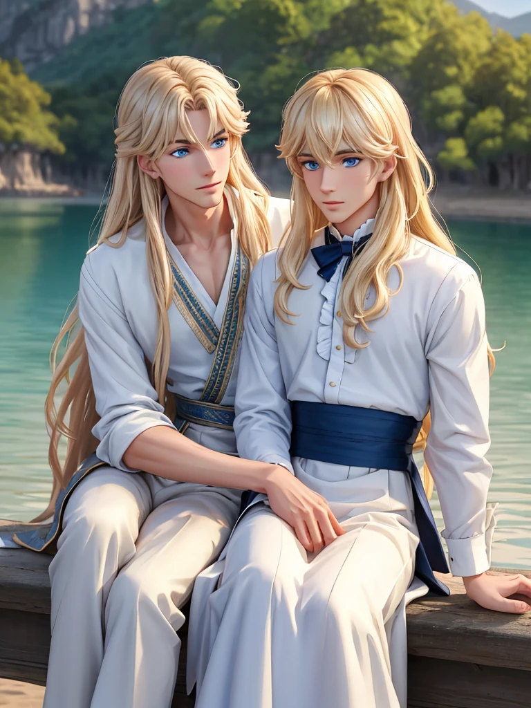 A magical lake. A tall, handsome, statuesque, courageous young man with long platinum hair, blue eyes, tanned skin is sitting on the shore of a lake, he is dressed in an antique white shirt and dark trousers, next to him sits an incredibly beautiful young golden-haired femme fatale with blue eyes, long golden hair, long bangs, dressed in an antique dress. They're in love. Masterpiece, perfect image, realistic pictures, detailed face study, full-length image, 8k, detailed image. extremely detailed illustration, a real masterpiece of the highest quality, with careful drawing.