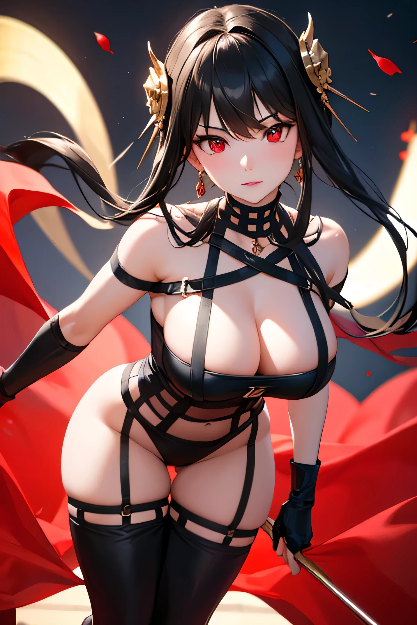 (masterpiece), best quality, expressive eyes, perfect face,high quality eye, clear eyes, red eyes, red eyes, standing in street, night time, perfect curvy body, big thighs, big calf, hd high quality image, 4k quality, fill size image, fill character, top to bottom, full size image, top to bottom, red angle strap heels, red angle strap heels, cleavage, cleavage, high quality, 4k black black tight legging