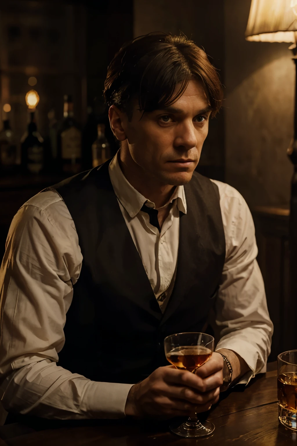 "Sure, here's a character from the Peaky Blinders series, sitting in a well-lit room at a table, with their face clearly visible, holding a whiskey glass, and looking contemplatively into the distance."