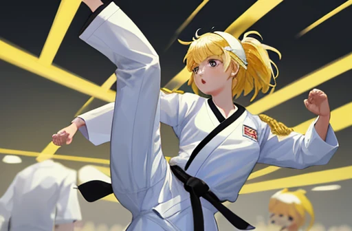 (de primera calidad, Obra maestra: 1.1), 1 chica karateca,Altura alta, caderas anchas, mostrando el trasero, con el uniforme de karate, ponerse en cuclillas, cara pervertida, manos en las piernas, rubia, 