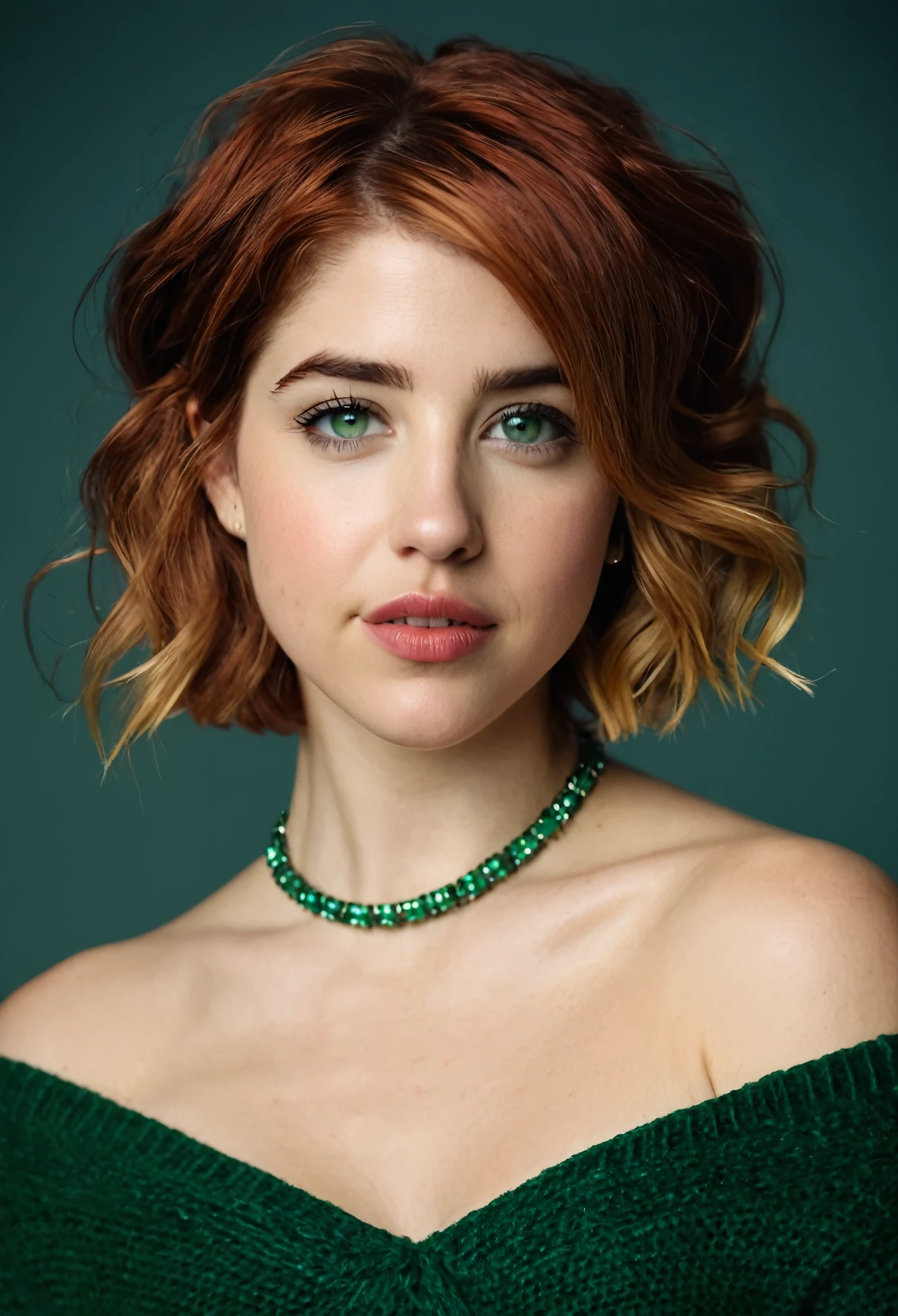 Woman (Imogen Poots:Emily Bett Rickards), 25 years old, curvy, red hair, Bob haircut, (wrinkled forhead), ((eyes brown-green)), rounded chin, fleshy lips, aquilin nose, Only, ((colossale tits)), looking at the viewer, bare shoulders, jewelry, whole body, necklace, off shoulder, sweater, realistic, flirting with camera