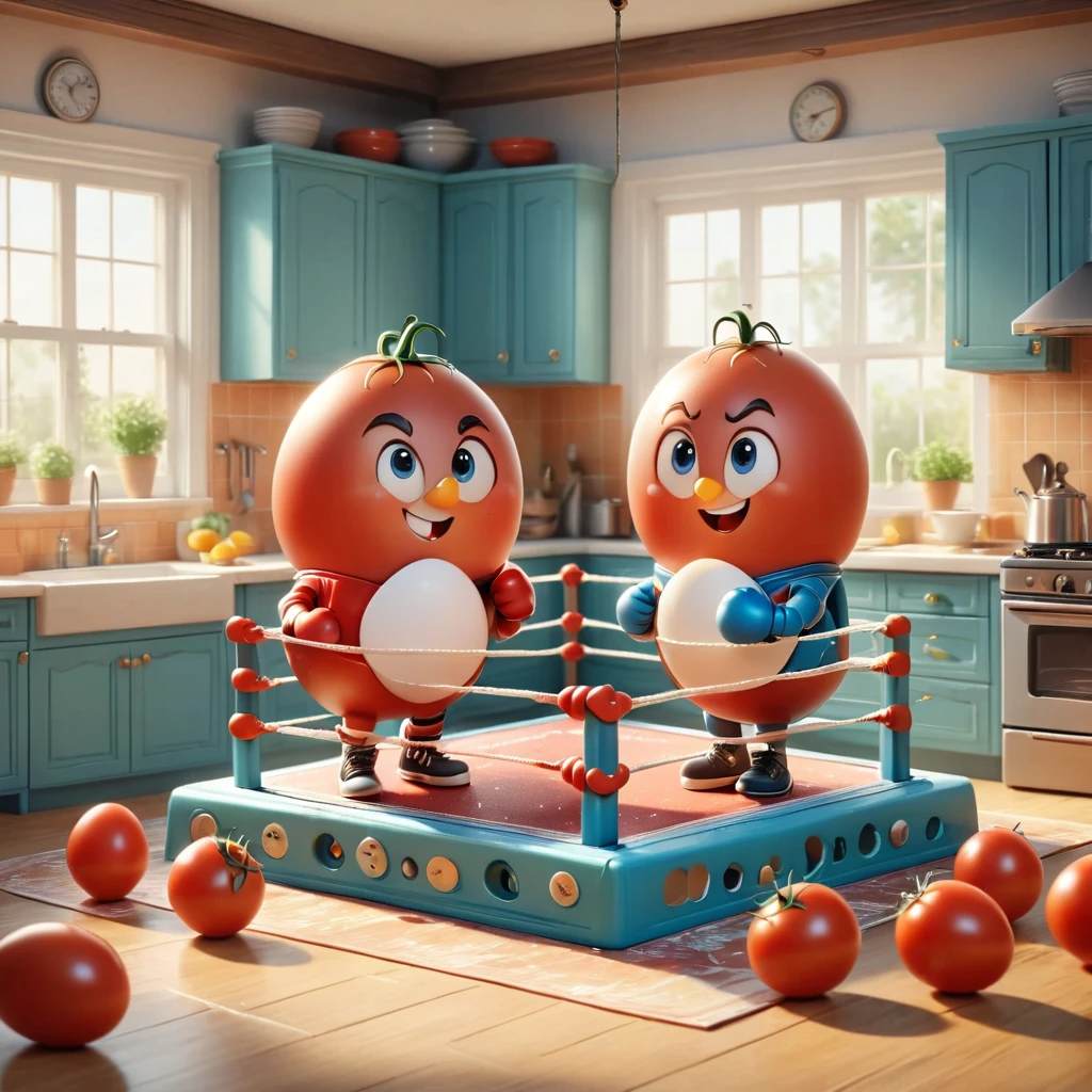 A whimsical kitchen-style boxing ring,Boxing match between egg and tomato,Cartoon,illustration,cute,Kitchen-style boxing ring in the background,Eggs wearing miniature gloves and determined smiles,Tomato wearing boxing gloves,场景充满活力且Cartoon化,The scene is lively and lively,Capturing a unique friendship scene,anatomically correct, masterpiece, ccurate, high details, award winning, best quality, 8k
