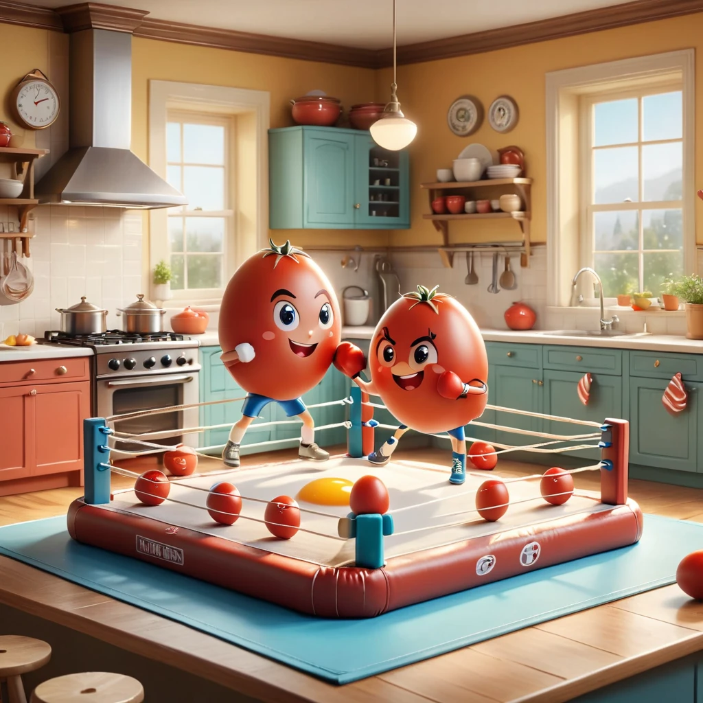 A whimsical kitchen-style boxing ring，Boxing match between egg and tomato，Cartoon，illustration，cute，Kitchen-style boxing ring in the background，Eggs wearing miniature gloves and determined smiles，Tomato wearing boxing gloves，场景充满活力且Cartoon化，The scene is lively and lively，Capturing a unique friendship scene，anatomically correct, masterpiece, ccurate, high details, award winning, best quality, 8k