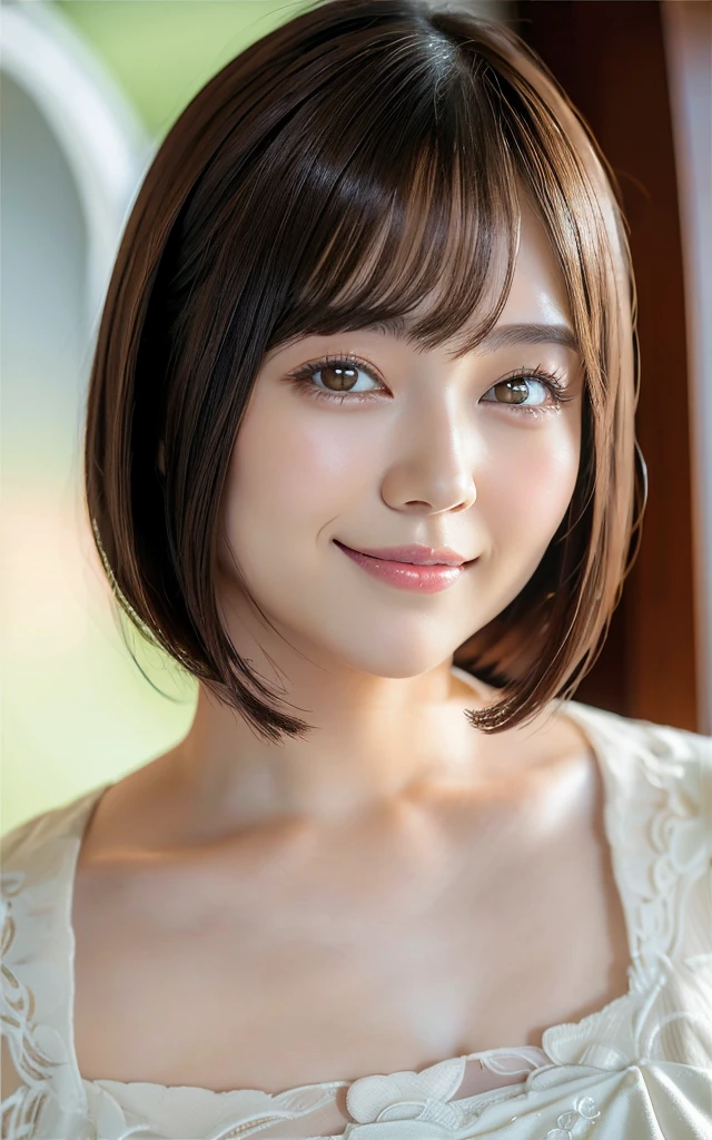 (highest quality:1.5), (Realistic:1.5), (1 person:1.5), (Mid Shot:1.5), Very detailed, High resolution, 8k wallpaper, , Small breasts, Natural color lips, Cute Smile, Japanese women, 20-year-old girl, Beautiful and elegant face, Perfect and beautiful face, Big eyes, Brunette's eyes, Beautiful and elegant face, Natural Bangs, Beautiful thin nose, Beautiful Skin, Chestnut Hair, Medium Bob Hair, Short Hair, Natural Bangs, Perfect and beautiful face, Slim face and figure, (Looking at the camera), Bright lighting, Professional Lighting, Forward lighting, Natural smile, church, White Wedding Dress, tiara、Beautiful cleavage、