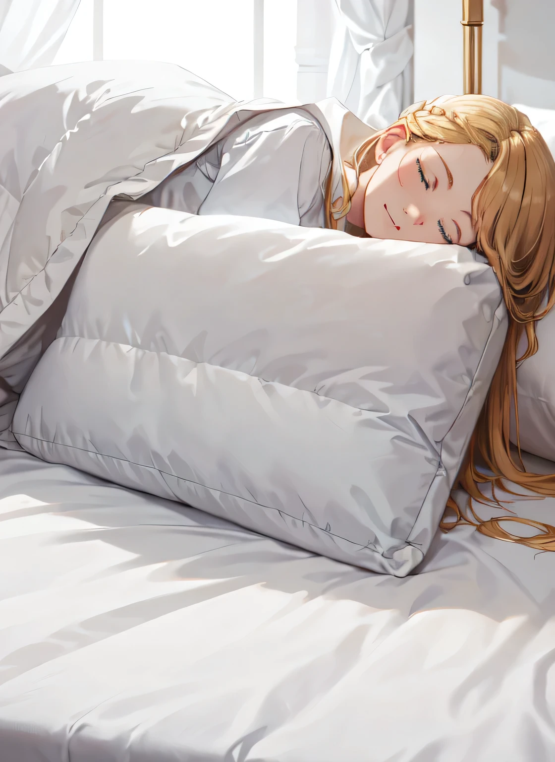 , Pillow, Close your eyes, floor, Sleep, Black Hair, lie, Under Cover, blanket, lie, blanket, Under Cover, indoors,, ultra detailed, masterpiece, best quality, Aesthetic, detailed,, Solitary, Gentle smile, A faint smile,
1 Girl, blue eyes, Very long hair, Blonde hair, long Blonde hair, French braid, Bangs, Medium breasts,