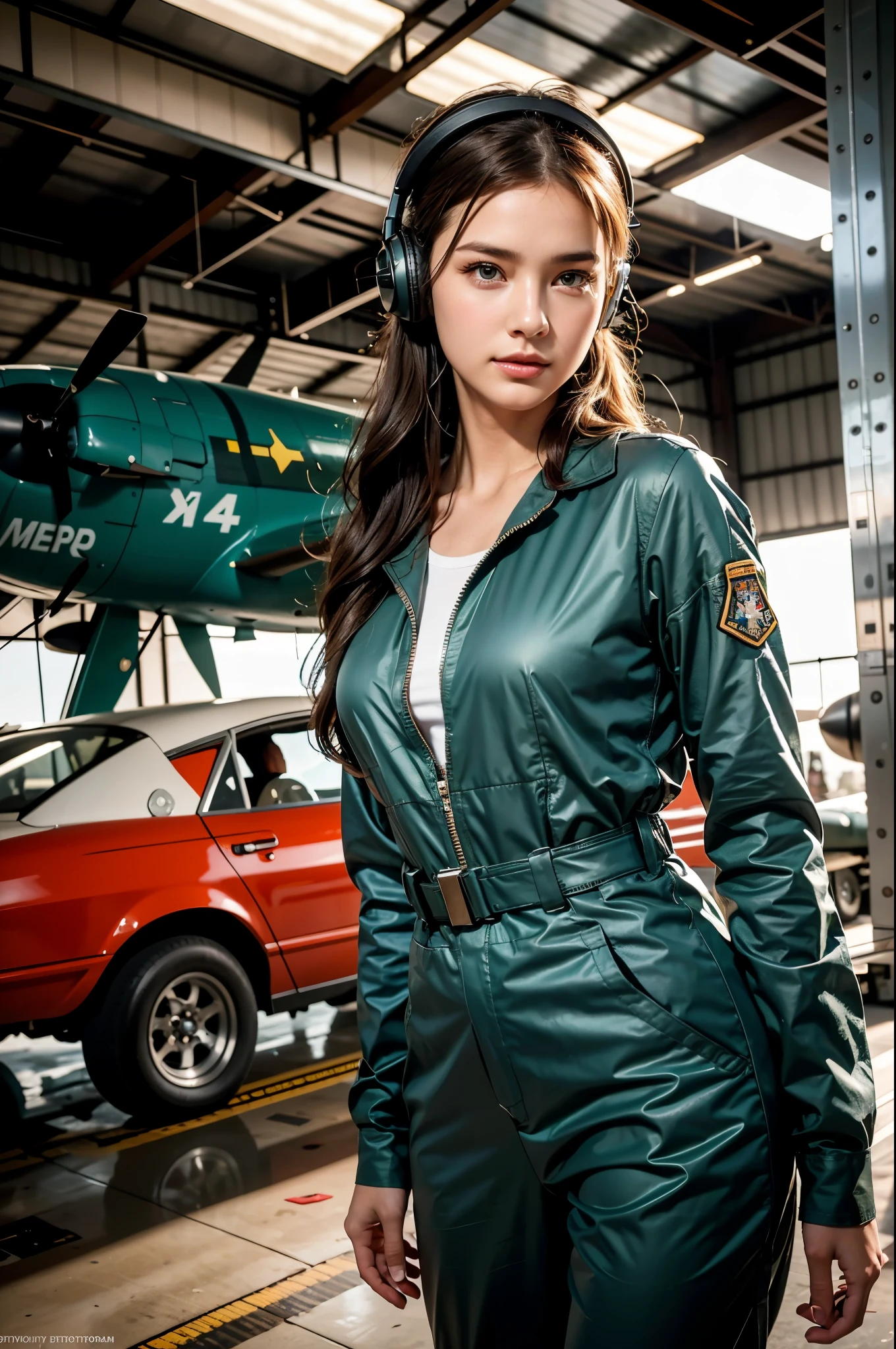Best quality, ((professional photograph, RAW photo)), Insanely realistic, an extremely delicate and beautiful, ultra high res, realistic lighting and shading, (Realistic image of a extremely pretty female Aircraft mechanic, solo), Inside a spacious Aircraft hangar, Monoplane fighters of the World War II era line the background, Aircraft parts scattered on the floor, Tools for maintenance, She does aircraft maintenance, (wearing Military camouflage patterned Long-sleeved mechanic's coverall), (wearing mechanic's heavy-duty glove), (Wearing a headset), her hair is tied back later, very professional mechanic, inscrutable smile, ((extremely beautiful depiction of the eyes and face)), (insanely beautiful natural skin texture), Accurate eyes, Accurate hands, Well-balanced overall body
