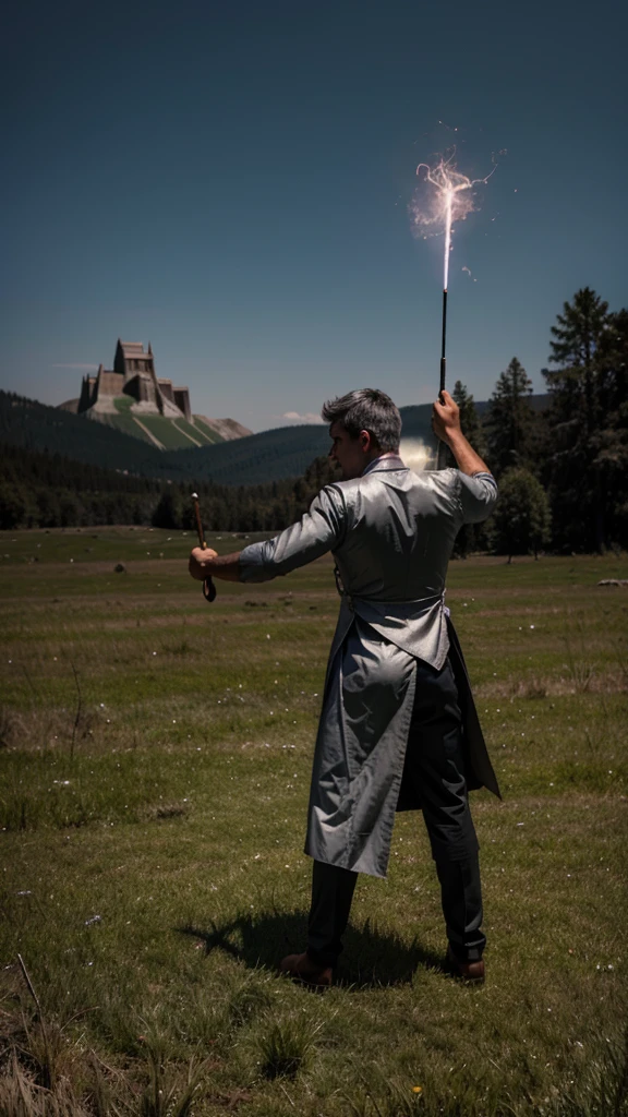 A man wearing magic outfit with short grey hair with no beard casting a magic spell to a brown bear from behind with magic wand in his arm, in the grass field background.