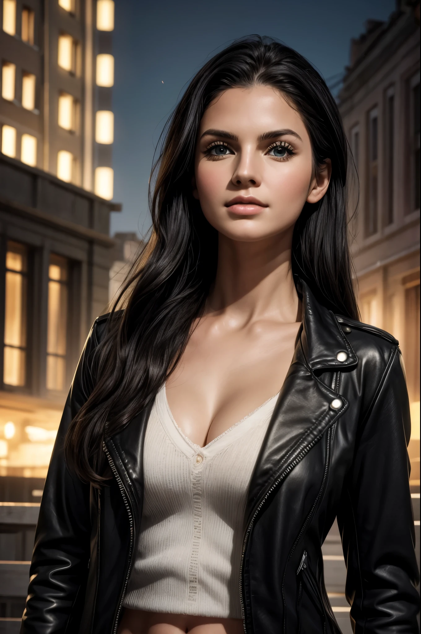 masterpiece, best quality, extremely detailed, hyperrealistic:1.1, photorealistic, a beautiful 20s russian model, ultra detailed face:1.1, black hair, black leather jacket, river, city, half smile, dynamic pose
