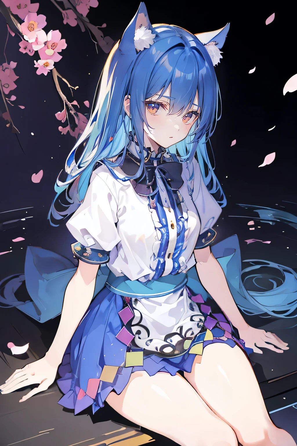 (masterpiece:1.2),ultra-detailed,realistic,expressive eyes,fair-skinned,perfectly shaped face,1girl,
Japanese cartoons,Gorgeous blue hair, flowing blue hair,floating clothes,cat ears,petals falling,beautiful Lola,Hina Angel,
hands on waist,gracefully sitting on the ground,legs crossed,gentle and serene background,cool and comfortable pavilion,night ,