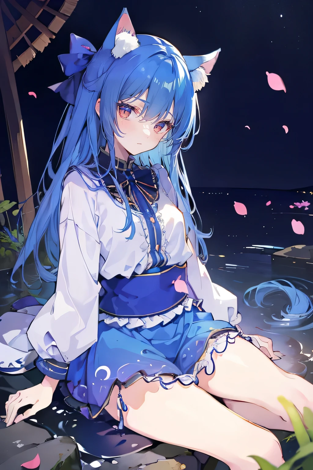 (masterpiece:1.2),ultra-detailed,realistic,expressive eyes,fair-skinned,perfectly shaped face,1girl,
Japanese cartoons,Gorgeous blue hair, flowing blue hair,floating clothes,cat ears,petals falling,beautiful Lola,Hina Angel,
hands on waist,gracefully sitting on the ground,legs crossed,gentle and serene background,cool and comfortable pavilion,night ,