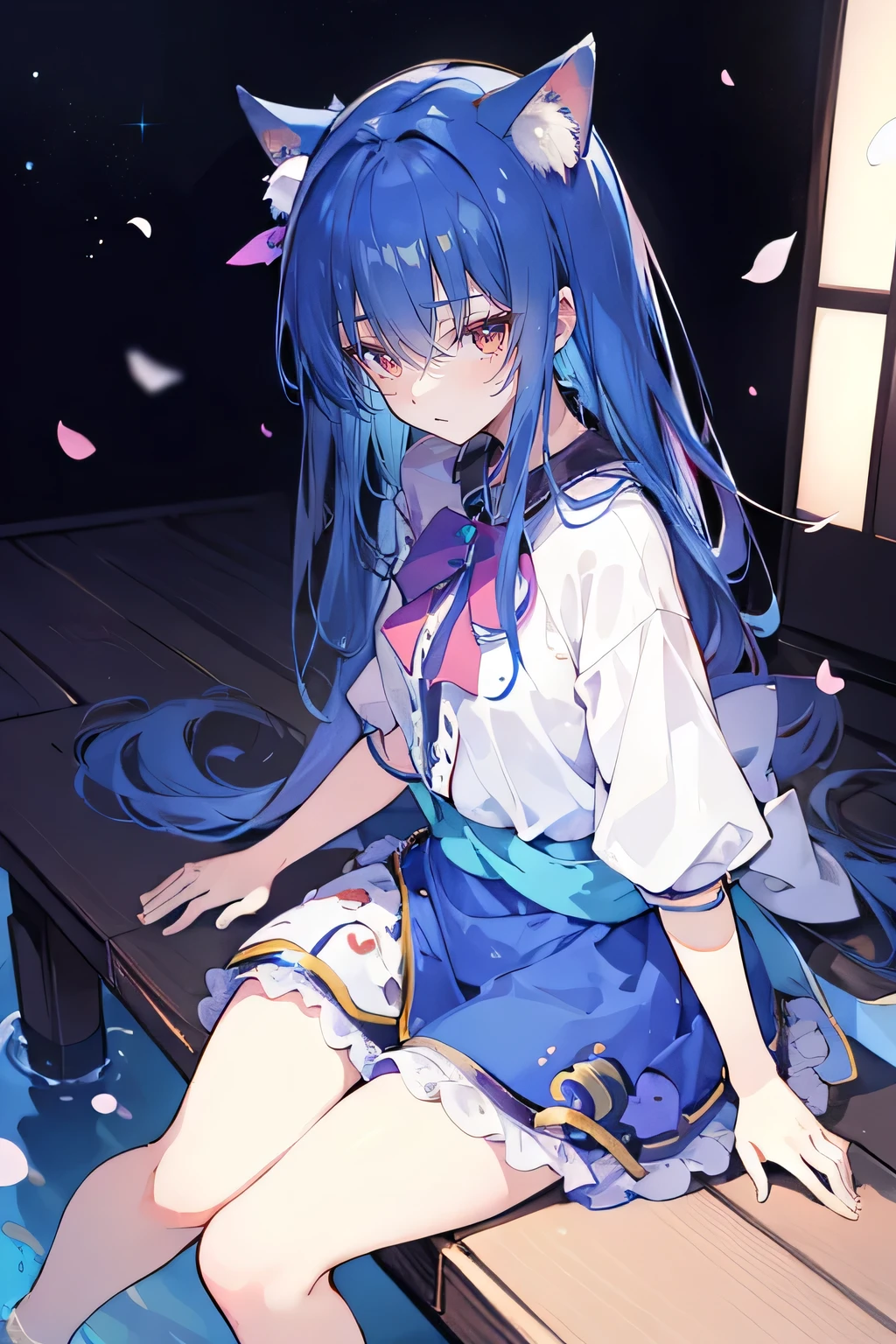 (masterpiece:1.2),ultra-detailed,realistic,expressive eyes,fair-skinned,perfectly shaped face,1girl,
Japanese cartoons,Gorgeous blue hair, flowing blue hair,floating clothes,cat ears,petals falling,beautiful Lola,Hina Angel,
hands on waist,gracefully sitting on the ground,legs crossed,gentle and serene background,cool and comfortable pavilion,night ,