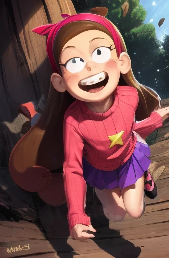 Mabel Pines, day, masterpiece, best quality, Mabel, 1girl, centered, ***, flat chest, beautiful detailed eyes, beautiful detailed lips, whimsical, detailed landscape, Gravity Falls mystical signs, depth of field, light particles, light rays, sidelighting, thighs, fate \(series\), solo, long hair, red sweater, long sleeves, brown hair, black eyes, pink hairband, star \(symbol\), purple skirt, smile, open mouth, sweet, shoes, blush stickers, round teeth, buck teeth, tree, blue sky, wide hips, outdoors, Gravity Falls style, stars, glitter, fashion photography, award winning photograph, sharp focus, vibrant colors, realistic lighting, detailed shadows 
