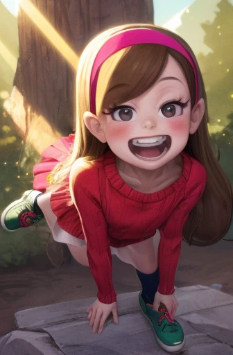 Mabel Pines, day, masterpiece, best quality, Mabel, 1girl, centered, 9yo, flat chest, beautiful detailed eyes, beautiful detailed lips, whimsical, detailed landscape, Gravity Falls mystical signs, depth of field, light particles, light rays, sidelighting, thighs, fate \(series\), solo, long hair, red sweater, long sleeves, brown hair, black eyes, pink hairband, star \(symbol\), purple skirt, smile, open mouth, sweet, shoes, blush stickers, round teeth, buck teeth, tree, blue sky, wide hips, outdoors, Gravity Falls style, stars, glitter, fashion photography, award winning photograph, sharp focus, vibrant colors, realistic lighting, detailed shadows 
