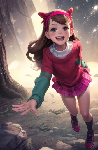 Mabel Pines, day, masterpiece, best quality, Mabel, 1girl, centered, 9yo, flat chest, beautiful detailed eyes, beautiful detailed lips, whimsical, detailed landscape, Gravity Falls mystical signs, depth of field, light particles, light rays, sidelighting, thighs, fate \(series\), solo, long hair, red sweater, long sleeves, brown hair, black eyes, pink hairband, star \(symbol\), purple skirt, smile, open mouth, sweet, shoes, blush stickers, round teeth, buck teeth, tree, blue sky, wide hips, outdoors, Gravity Falls style, stars, glitter, fashion photography, award winning photograph, sharp focus, vibrant colors, realistic lighting, detailed shadows 
